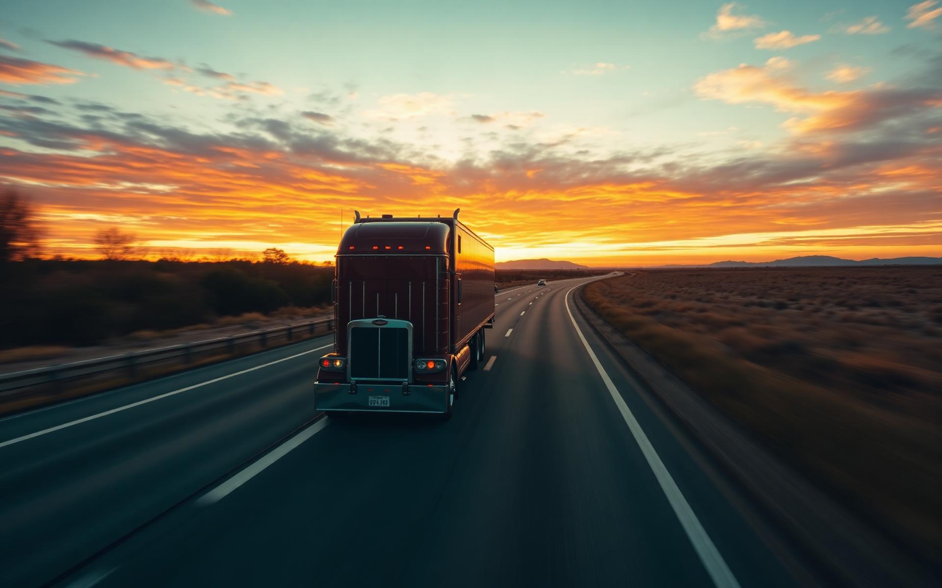 Semi truck driving into the golden hour